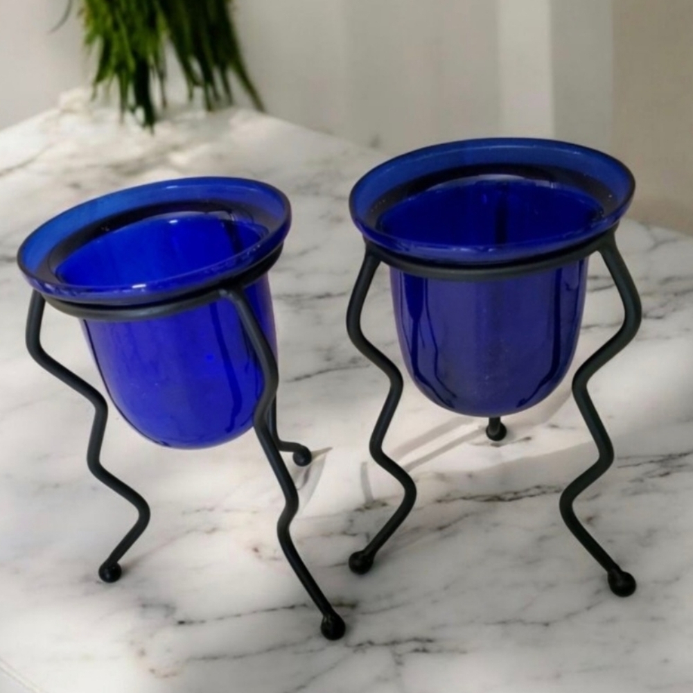 Cobalt Blue Glass & Black Stand Candle Holders